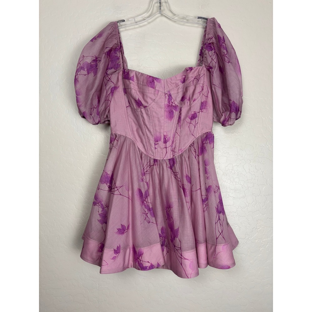 Bardot Kiah Corset Mini Dress Purple Floral Puff Sleeve Sz 8 2400